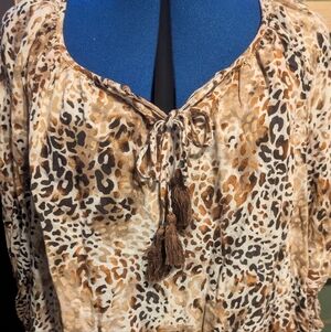 Cato Plus Size 18/20W Animal Print Boho Blouse Tie-Neck Tassel 3/4 Sleeve Top